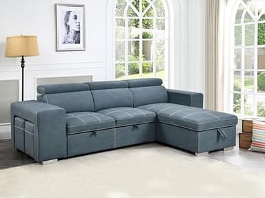 THSUPER 102'' Microfiber L Shaped Sectional Sleeper Sofa Couch with Pullout Bed and Storage Chaise, Convertible Couches with Adjustable Headrest for Living Room, Reversible Chaise. Navy Blue - Image 2