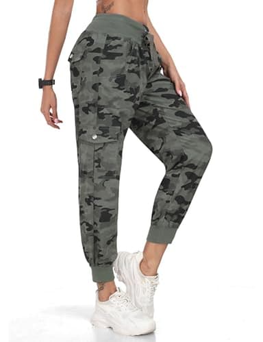 MoFiz Women Cargo Pants with Pockets Lightweight Outdoor Summer Travel Casual Hiking Pants Running Joggers Sweatpants Elastic Waist Camouflage Green XS - Image 2