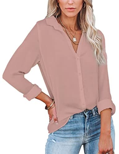 Diosun Womens Button Down V Neck Shirts Long/Short Sleeve Office Casual Business Plain Blouses Tops (Small, Dark Pink) - Image 1
