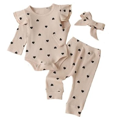 Fullfamous Infant Baby Girl Clothes Outfits,Fall Winter Romper Christmas Clothing Set 12-18 months Ecru Heart - Image 1