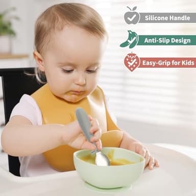 DRKIO 8 Pieces Toddler Utensils Set - Kids Silverware Set with Silicone Handle Children Safe 18/8 Stainless Steel Forks and Spoons Anti-Choke Design Food Grade Dishwasher Safe - Image 4