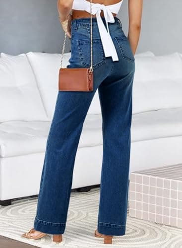 Astylish Jeans for Women Trendy Wide Leg High Waisted Stretchy Straight Leg Jeans Loose Denim Pants with Pocket Size 4 Blue - Image 2