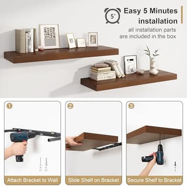 Heimlove Walnut Bathroom Shelves Floating Shelves for Wall Shelf Over Toilet Long Wall Mounted Modern Farmhouse,48 x 12 Wall Shelves with Invisible Brackets for Living Room, Kitchen, Bedroom - Image 8