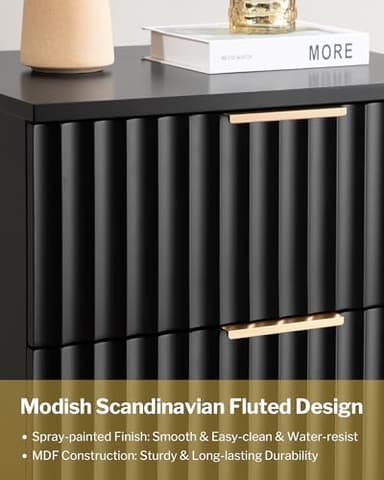 SICOTAS Black Night Stand Set 2, Fluted Glossy Nightstand with 2 Drawers, Wide Modern Storage Bedside Table for Bedroom, End Side Table with Golden Metal Legs and Handles (Black, 2 Pieces) - Image 4