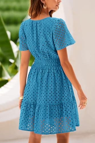 PRETTYGARDEN Womens 2025 Summer Short Dress V Neck Short Sleeve A Line Hollow Out Lace Ruffle Cute Casual Beach Party Dresses (Lake Blue,Large) - Image 2