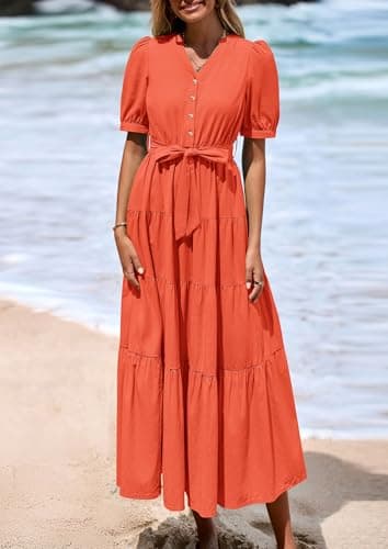 PRETTYGARDEN Summer Dresses for Women 2025 Elegant Classy Short Sleeve V Neck Ruffle A Line Belted Long Beach Vacation Dress (Orange,Large) - Image 8