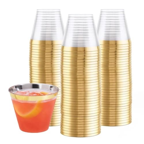 Prestee 100-Pack 9oz Gold Rimmed Plastic Cups Disposable Wine Glasses for Charcuterie, Weddings, Parties, and Events - Elegant Cocktail and Drinking Cups for Champagne, Martini, and Mocktails - Image 1