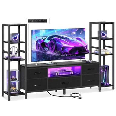 Casaottima 71" TV Stands for 43, 50, 55 Inch TV Entertainment Center with LED Lights and Power Outlets, TV Stand for Living Room with 5 Fabric Drawers & Shelf, TV Console Cabinet for Bedroom, Black - Image 1
