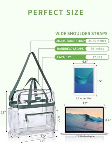 Bagenius Clear Bag Stadium Approved 12x6x12 Clear bag for Stadium Events Sports Concert Festival Work, Green - Image 2