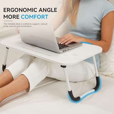 BUYIFY Folding Lap Desk, 23 Inch Portable Wood White Laptop Bed Desk Lap Desk with Cup Holder, for Working Reading Writing, Eating, Watching Movies for Bed Sofa Couch Floor - Image 3