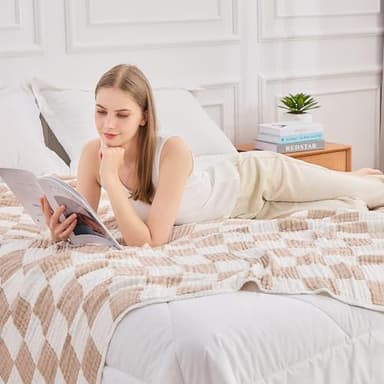 EMME Checkered Cotton Blanket Queen Size for Bed Soft Large Muslin Bed Blankets 80"x90" Lightweight Breathable Cooling All Season Gauze, Light Tan - Image 5