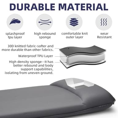 INVOKER Camping Sleeping Pad 2.75” Memory Foam Fast Self Inflating Insulated Durable Camping Mat Air Mattress with Pillow，for Tent, Traveling, Car, Camping, Grey - Image 3