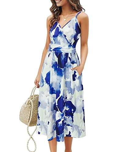 OUGES Women's Summer Spaghetti Strap V-Neck Floral Midi Party Dress with Pockets(FloralS-452,M) - Image 1
