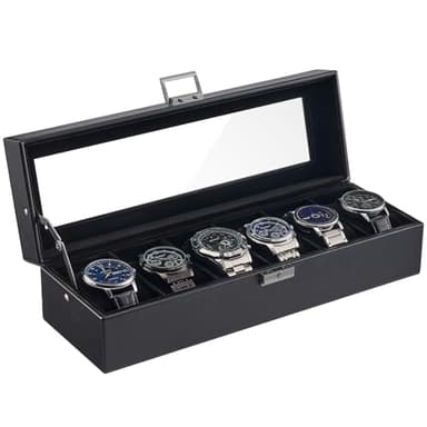 ProCase 6 Slot Watch Case Box for Men, PU leather Man Watch Organizer with Soft Pillow, Lockable Watch Collection Storage Holder with Glass Display Lid -AllBlack - Image 1