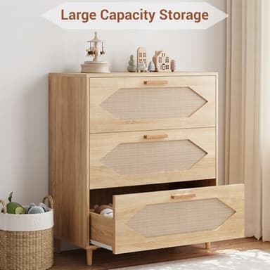GAOMON 3 Drawer Rattan Dresser for Bedroom, Rattan Modern Dresser Wood Chest of Drawers, Wooden Storage Cabinets for Bedrooms, Hallways, Living Rooms, and Entryways, Easy Assemble, Natural - Image 6
