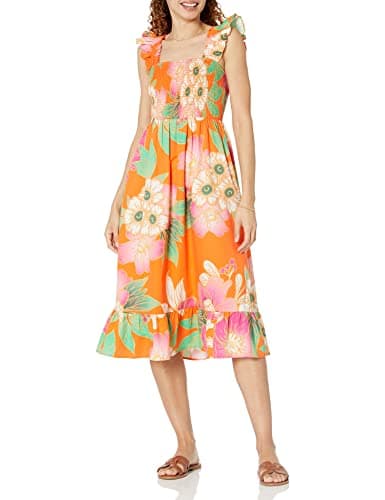 The Drop Women's Kimi Ruffled Shoulder Smocked Midi Dress, Fire Orange Floral, XS - Image 1