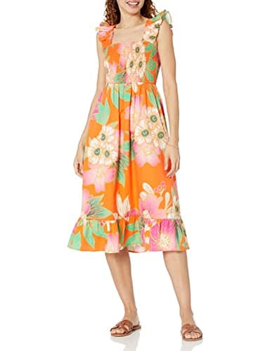 The Drop Women's Kimi Ruffled Shoulder Smocked Midi Dress, Fire Orange Floral, XS - Image 1