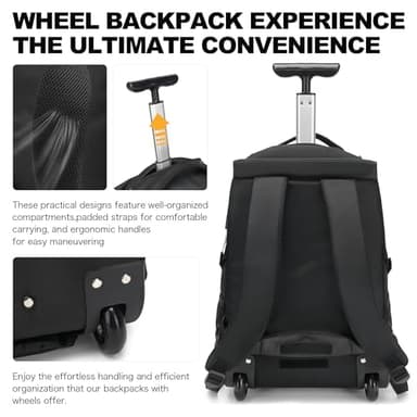 Boavan Rolling Backpack,17 inch Water Resistant Wheeled Backpack,Carry on Luggage Business Bag, Overnight College Computer Trolley Suitcase for Men Women Adults to Travel，Black - Image 5