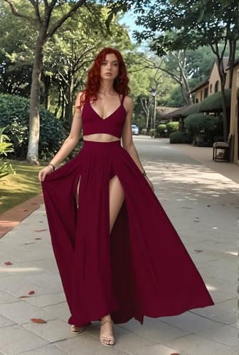 Women Sexy 2 Piece Outfits Dress Chiffon Strap Deep V Neck Bra Crop Top High Split Maxi Dresses Skirt Set - Image 3