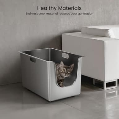 Stainless Steel Litter Box 13.7'' High Sides, XL Metal Cat Litter Box with Curved Low Entry, Cat Litter Pan for Big & Multiple Cats, Pet Toliet with Handy Wheels for Easy Moving - Image 3