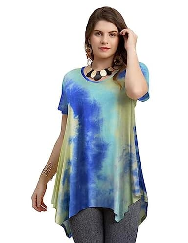 LARACE Tie Dye Shirt Women Casual Tops Plus Size V Neck Blouses Short Sleeve Summer Clothes Flowy Asymmetrical Tee(T04-Blue 1X) - Image 2