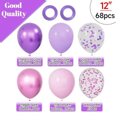 68Pcs Pink and Purple Balloons 12 Inch Metallic Purple Pink Latex Balloon Confetti ballons with Ribbons Party Balloons for Wedding Girls Birthday Baby Shower Decorations. - Image 2