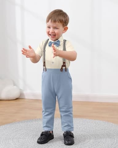 DISAUR Suit for Toddler Boys 4t 5t 4-5t Beige Dress Shirt Sky Blue Suspender Pants Easter Suits for Little Gentle - Image 6