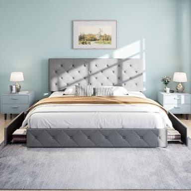 SHA CERLIN Upholstered King Size Platform Bed Frame with 4 Storage Drawers, Adjustable Headboard with Diamond Stitched Button Tufted Design, Wooden Slat Support, No Box Spring Needed, Light Grey - Image 3