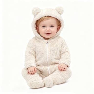 Baby Plush Long Sleeve Polar Fleece Jumpsuit With Bear Ears Baby Fleece Hooded Jumpsuit Infant Winter Outfit (Beige, 3-6 Months) - Image 2