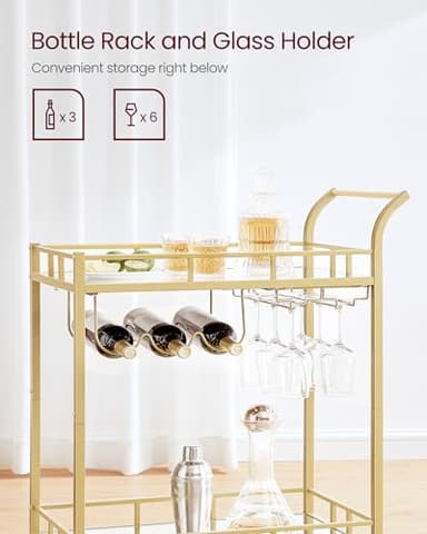VASAGLE Bar Cart Gold, Home Bar Serving Cart, Wine Cart with 2 Mirrored Shelves, Wine Holders, Glass Holders, for Kitchen, Dining Room, Gold ULRC092A62 - Image 6