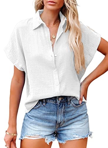Dokotoo 2025 Fashion Solid Linen V-Neck Button Down Batwing Short Sleeve Shirts for Women Summer Soft Work Office Lapel T-Shirts Tunic Tops Blouses White XL - Image 1