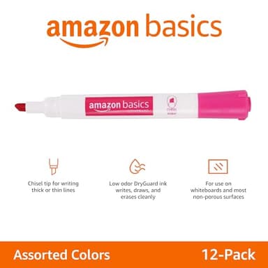 Amazon Basics Dry Erase Markers For Whiteboards, Chisel Tip, Low-Odor, Assorted Colors, Pack of 12 - Image 5