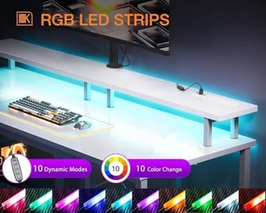 ODK 48 inch Gaming Desk with LED Lights & Power Outlets, Computer Desk with Monitor Stand & Storage Sheves, CPU Stand, Home Office Desk, White - Image 6