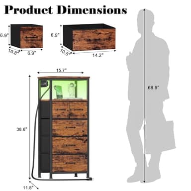 Furnulem Dresser for Bedroom, Tall Nightstand, Vertical Chest with Wood Top, Charging Station, LED Lights, 5 Fabric Bins, Bedside Table with Shelf, Furniture for Entryway (5 Drawer, Rustic Brown) - Image 3