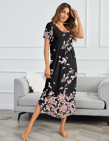 Ekouaer Long Nightgowns for Women Soft House Dress Pleated Front Nightshirt Full Length Loungwear Pink Petals XXXL - Image 2