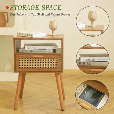 MaxSmeo Mid Century Modern Nightstand with Drawer, Small Nightstand Bedside Table, Rattan Nightstand, Wood End Table for Bedroom, Living Room (Brown) - Image 4
