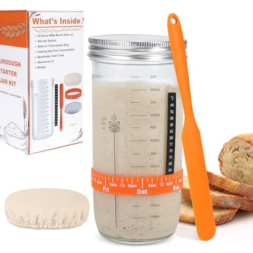 Sourdough Starter Jar Kit, 24oz Wide Mouth Glass Jar with Aluminum Lid, Silicone Scraper, Date Marked Feeding Band, Thermometer, Cloth Cover, Recipes, Sourdough Bread Baking Supplies - Image 1