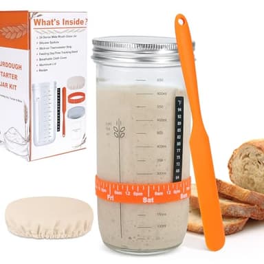 Sourdough Starter Jar Kit, 24oz Wide Mouth Glass Jar with Aluminum Lid, Silicone Scraper, Date Marked Feeding Band, Thermometer, Cloth Cover, Recipes, Sourdough Bread Baking Supplies - Image 1