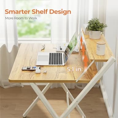 GreenForest Portable Small Desk No Assembly, 2-Tier Compact Computer Desk with Shelf, Space Saving Foldable Table for Home Office, Bedroom or Apartment, Portable Collapsible Sturdy Laptop Desk, Oak - Image 6