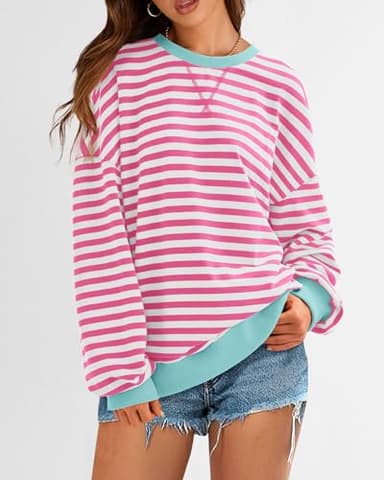 BTFBM Womens Oversized Striped Sweatshirt Crewneck Long Sleeve Pullover Top Casual Y2K Fall Clothes 2025 Workout Shirt(Pink White, X-Large) - Image 4