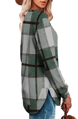 OFEEFAN Cute Sweatshirts for Women Fall Long Sleeve Shirts for Women Plaid Green Xxl - Image 2