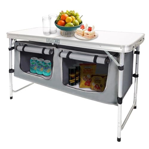 CampLand Outdoor Folding CampingTable with Aluminum Lightweight Height Adjustable with Storage Organizer Picnic Table for BBQ, Party, Camping (White) - Image 1