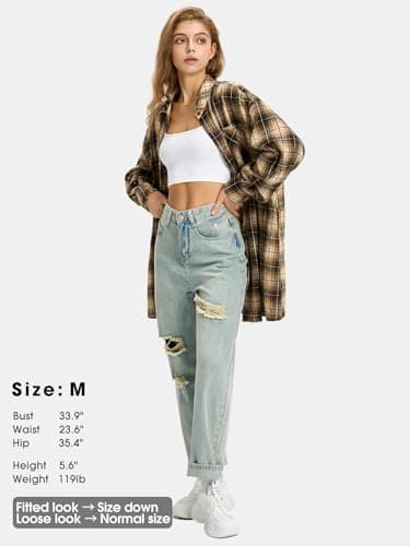 EXLURA Womens Plaid Flannel Shacket Long Sleeve Button Down Shirts Long Jackets Oversized Spring Fashion Outfits 2025 Clothes Khaki Black - Image 5