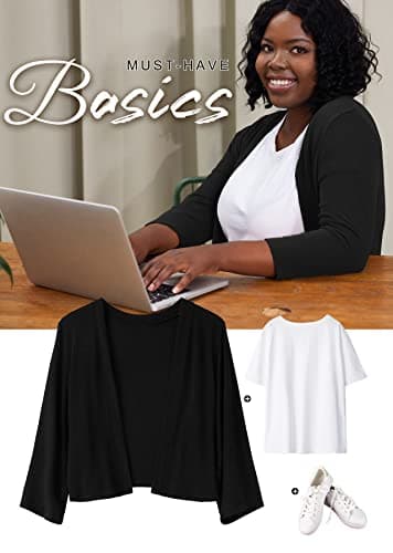 AusLook Plus Size Bolero Shrugs for Summer Dresses 3/4 Sleeve Black 4X Open Front Knit Lightweight Coat Cropped Tops Shawls and Wraps Cardigan Dressy Sweater Clothes - Image 3