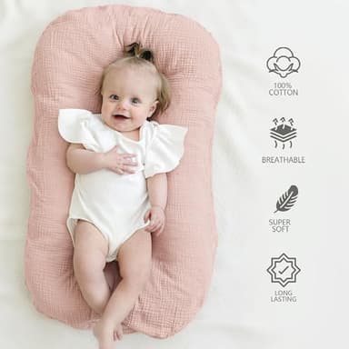 MairMore Muslin Baby Lounger Cover for Newborn & Infant, 100% Cotton Soft and Breathable Lounger Slipcover for Baby Girls and Boys, Pack of 2 (Pink, Ivory) - Image 2