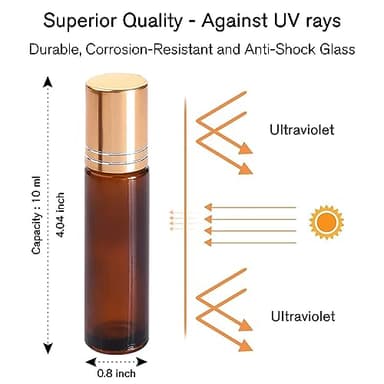 PrettyCare 4 Pack, 10 ml Essential Oil Roller Bottles with Stainless Steel Roller Ball - Refillable Leak-proof Empty Thick Amber Glass Roll on Bottles with Metal Caps for Travel, Perfume - Image 2