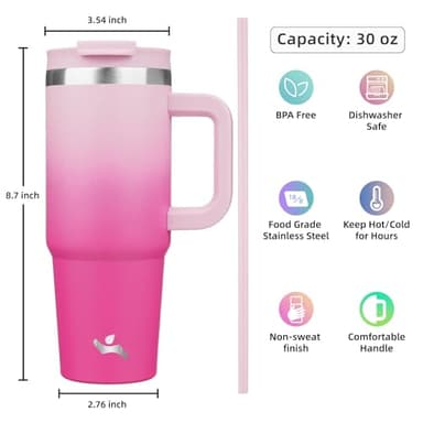 Konokyo 30 oz Tumbler with Handle and 2 Straws,2 in 1 Lid Insulated Water Bottle Stainless Steel Travel Coffee Mug,Cherry Blossoms - Image 4