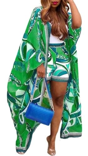 QegarTop Kimono Sets Trendy Two 2 Piece for Women Short Sets hawaiian Outfits Flowy Vacation Shorts Set Green M - Image 1