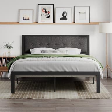 SHA CERLIN King Size Platform Bed Frame with Upholstered Headboard, Metal Slats Support, Button Tufted Square Stitched Headboard, Noise Free, No Box Spring Needed, Easy Assembly, Dark Grey - Image 8