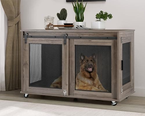 LINLUX 47 Inch XL Dog Crate Furniture, Wooden Heavy Duty Dog Kennel Indoor, Decorative Dog Cage Table for Extra Large Dogs, with Sliding Doors, Wheels and Flip-top Plate - Image 1